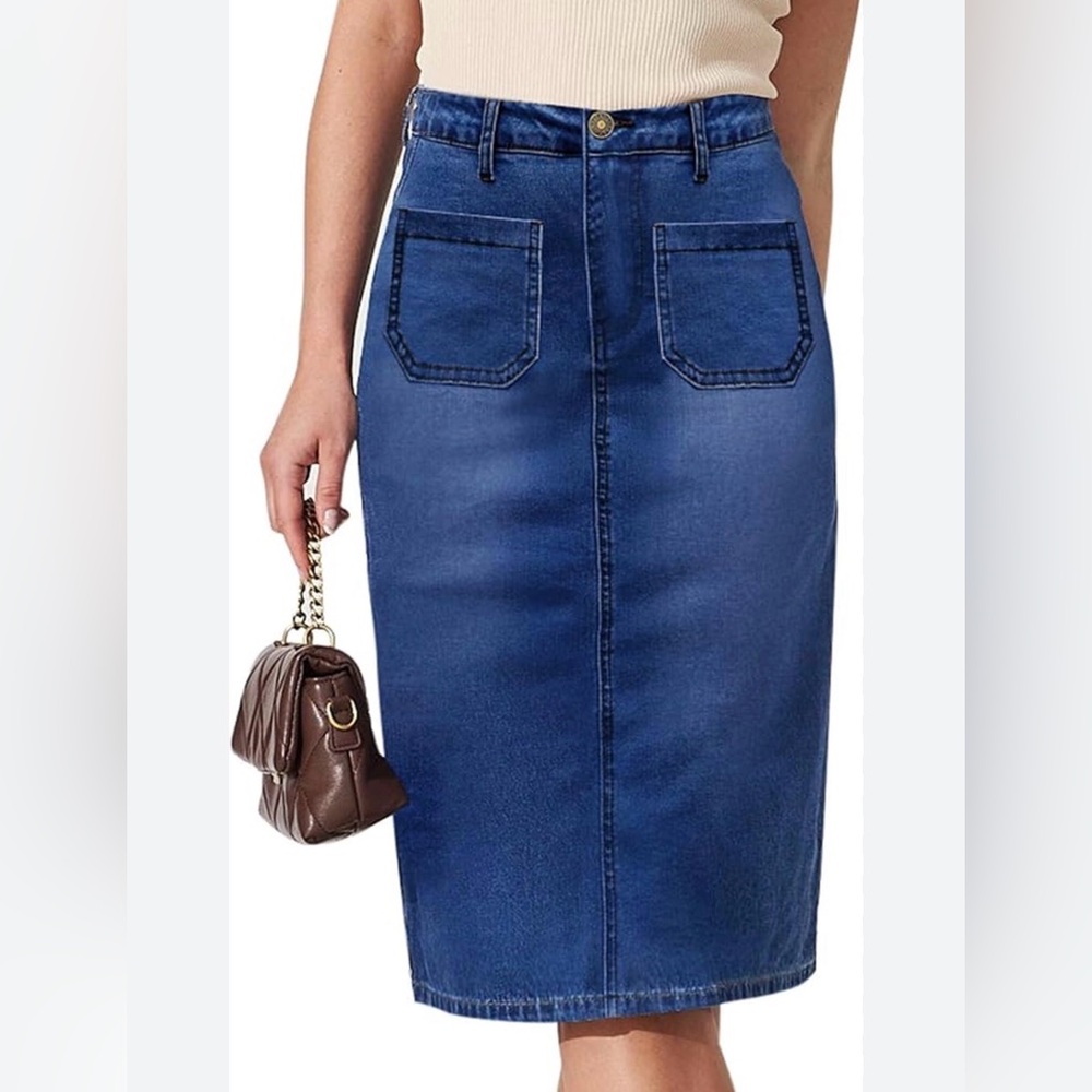 KDF Women's High Waisted Denim Skirt Long Pencil Front Patch Pocket Denim Sz 6